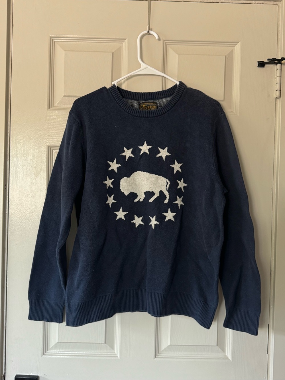 Lucky brand Men's Navy Blue Buffalo Crewneck Sweater